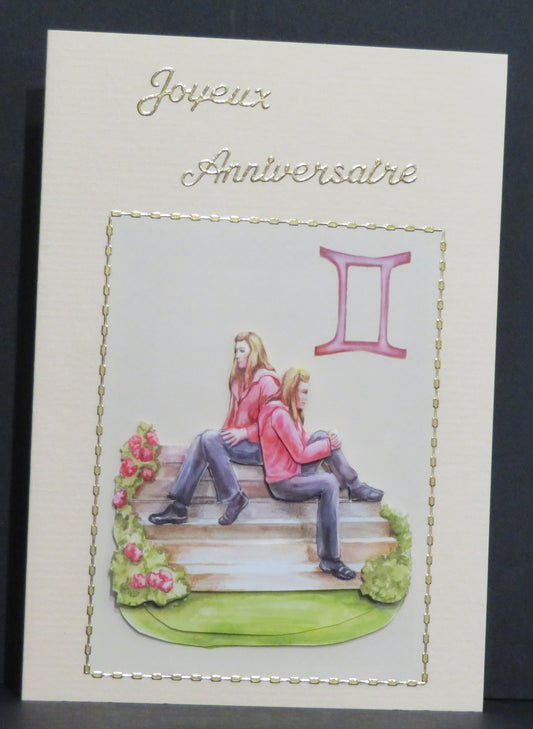 Carte artisanale 3D - Joyeux anniversaire Gémeaux