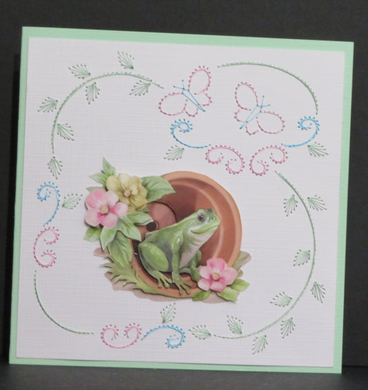 Carte artisanale 3D et broderie - grenouille
