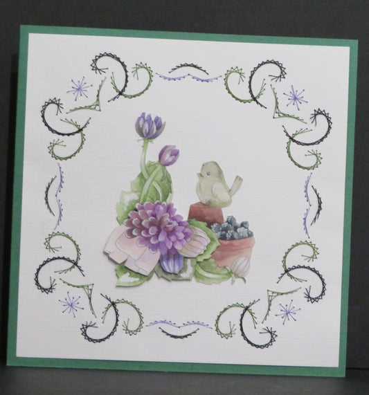 Carte artisanale 3D et broderie - Fleurs violettes