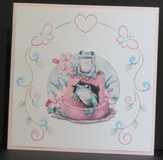 Carte artisanale 3d avec broderie - Grenouilles