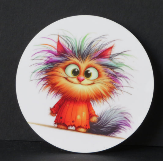 Sous-verre humour - Chat multicolore au sourie éclatant.